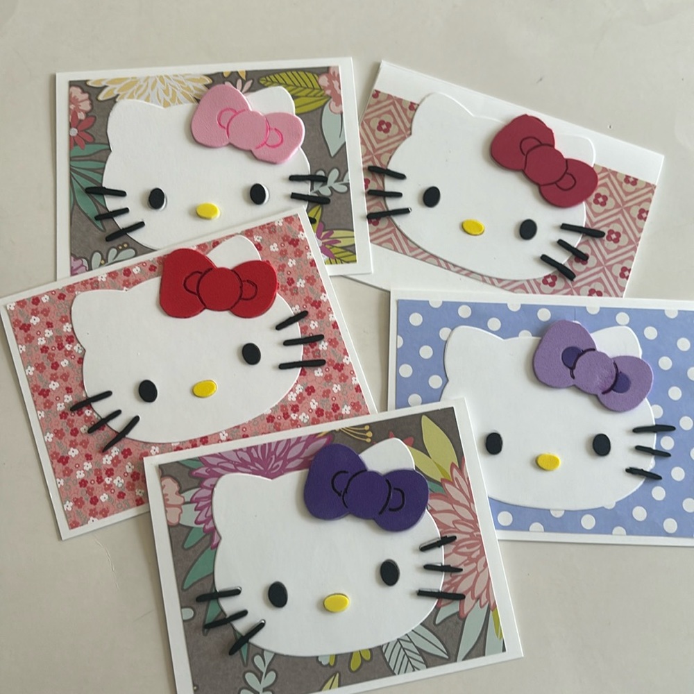 Hello Kitty greeting cards Hand crafted, hand made set of 5 unique Hello kitty
